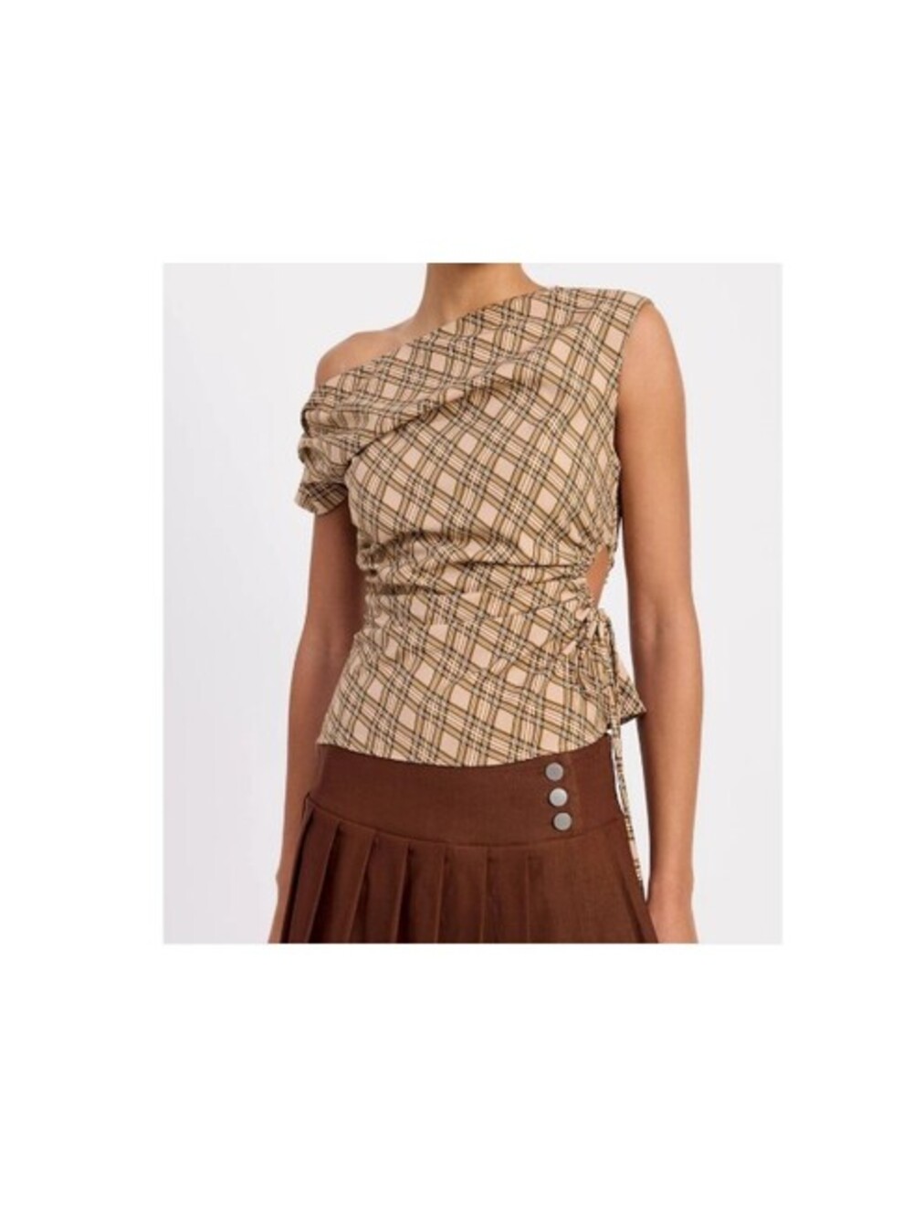 Emory Park Emmi Tan/Brown Plaid Asymmetrical Cutout Boat Neck Tank Top LARGE